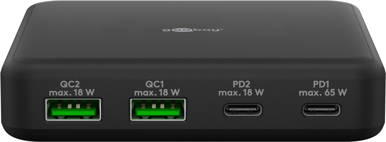 Goobay Multiport 4-fach Tischladegerät (65 W) schwarz - Ladeport mit 2x USB-C™-Anschlüssen (Power Delivery) und 2x USB-A-Anschlüssen (Quick Charge 3.0)