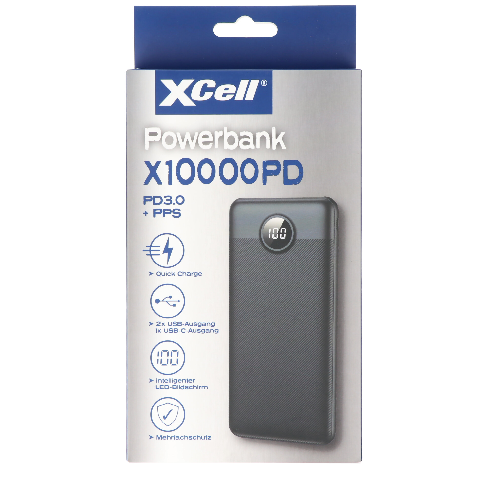 XCell Powerbank X10000PD mit 10.000mAh Kapazität, USB-C PD3.0, Quick-Charge, LED-Display, 2x USB-Ausgang 1x USB-C-Ausgang