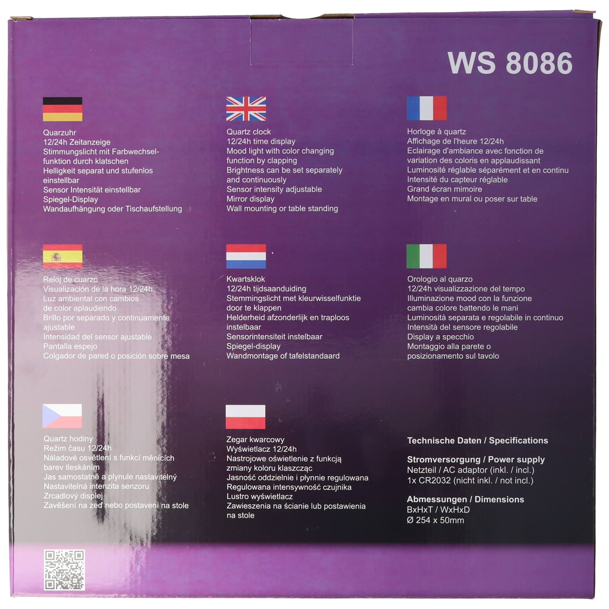 Technoline WS 8086 Quarzuhr mit Spiegel-LED-Display und Stimmungslicht mit Tisch und Wandhalter