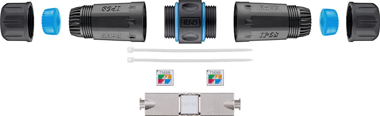 Goobay Outdoor (IP68) Netzwerkkabel-Verbinder, CAT 6A STP geschirmt - staub- und wasserdicht, Klemmleiste für LSA Montage (werkzeugfrei)