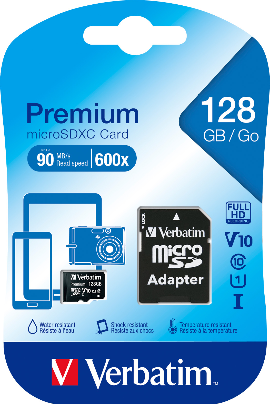 Verbatim microSDXC Card 128GB, Premium, Class 10, U1 (R) 90MB/s, (W) 10MB/s, SD Adapter, Retail-Blister