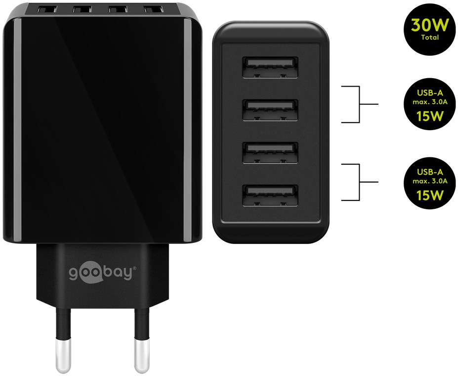 4-fach USB-Ladegerät, mehrfach USB-Ladegerät, 30W, lädt bis zu 4 Geräte gleichzeitig, schwarz