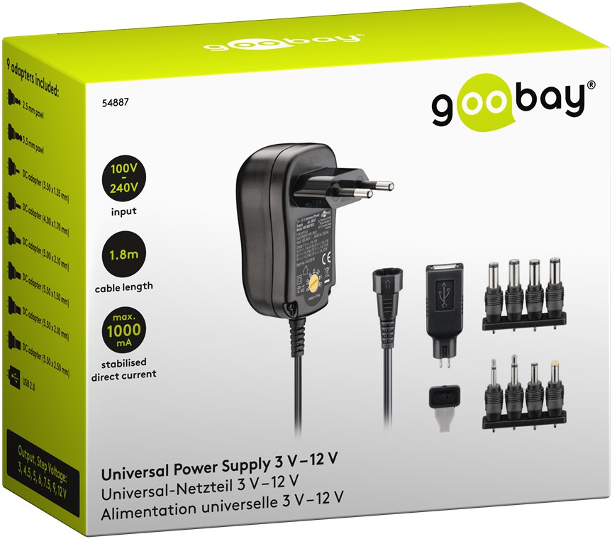 Goobay 3 V - 12 V Universal-Netzteil - inkl. 1 USB- und 8 DC-Adapter - max. 12 W und 1 A