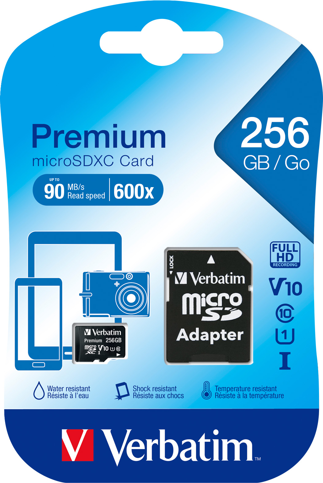 Verbatim microSDXC Card 256GB, Premium, Class 10, U1 (R) 90MB/s, (W) 10MB/s, SD Adapter, Retail-Blister