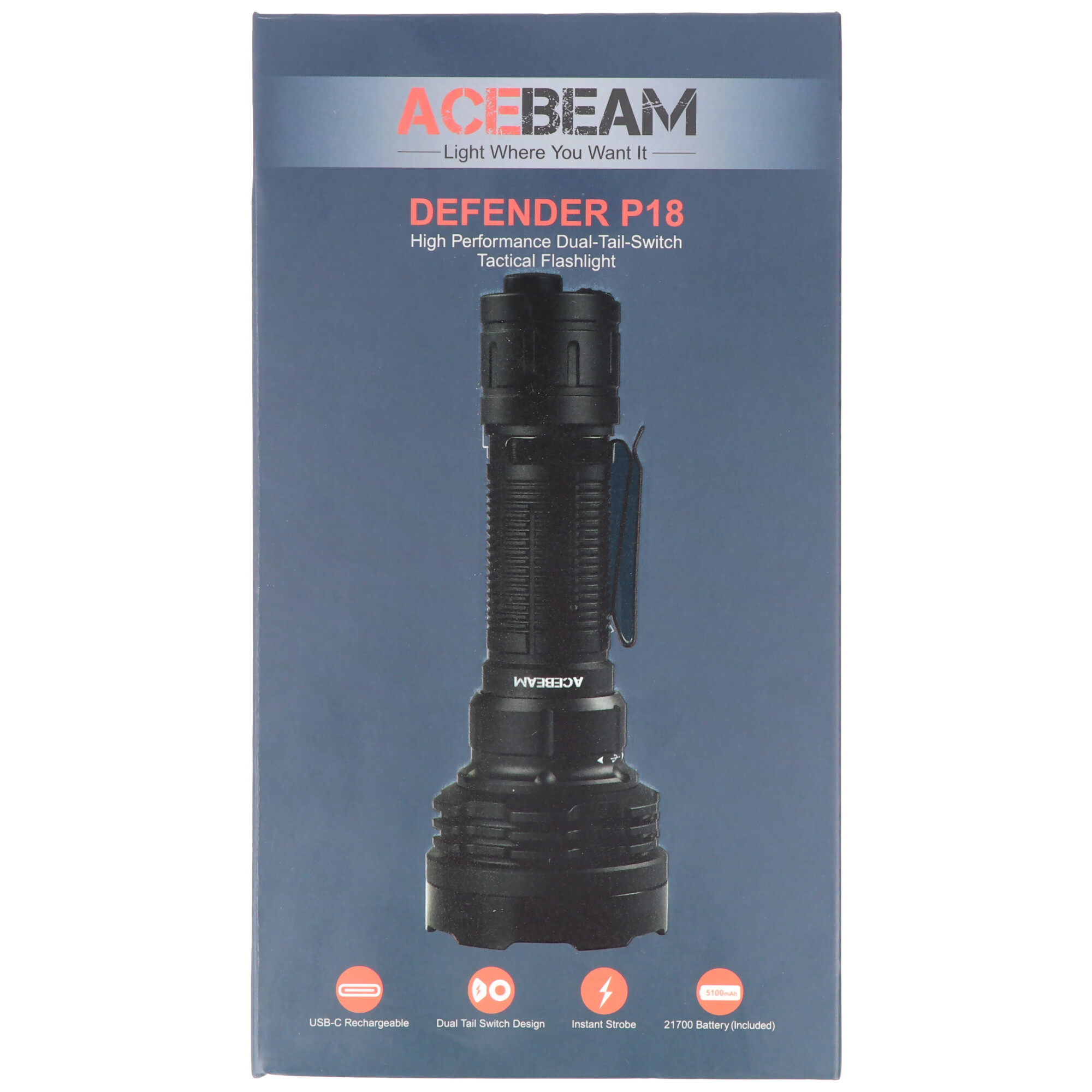 AceBeam P18 Defender Taschenlampe, AceBeam P18, max. 5.000 Lumen, inklusive AceBeam Li-Ion 21700 5.100mAh Akku