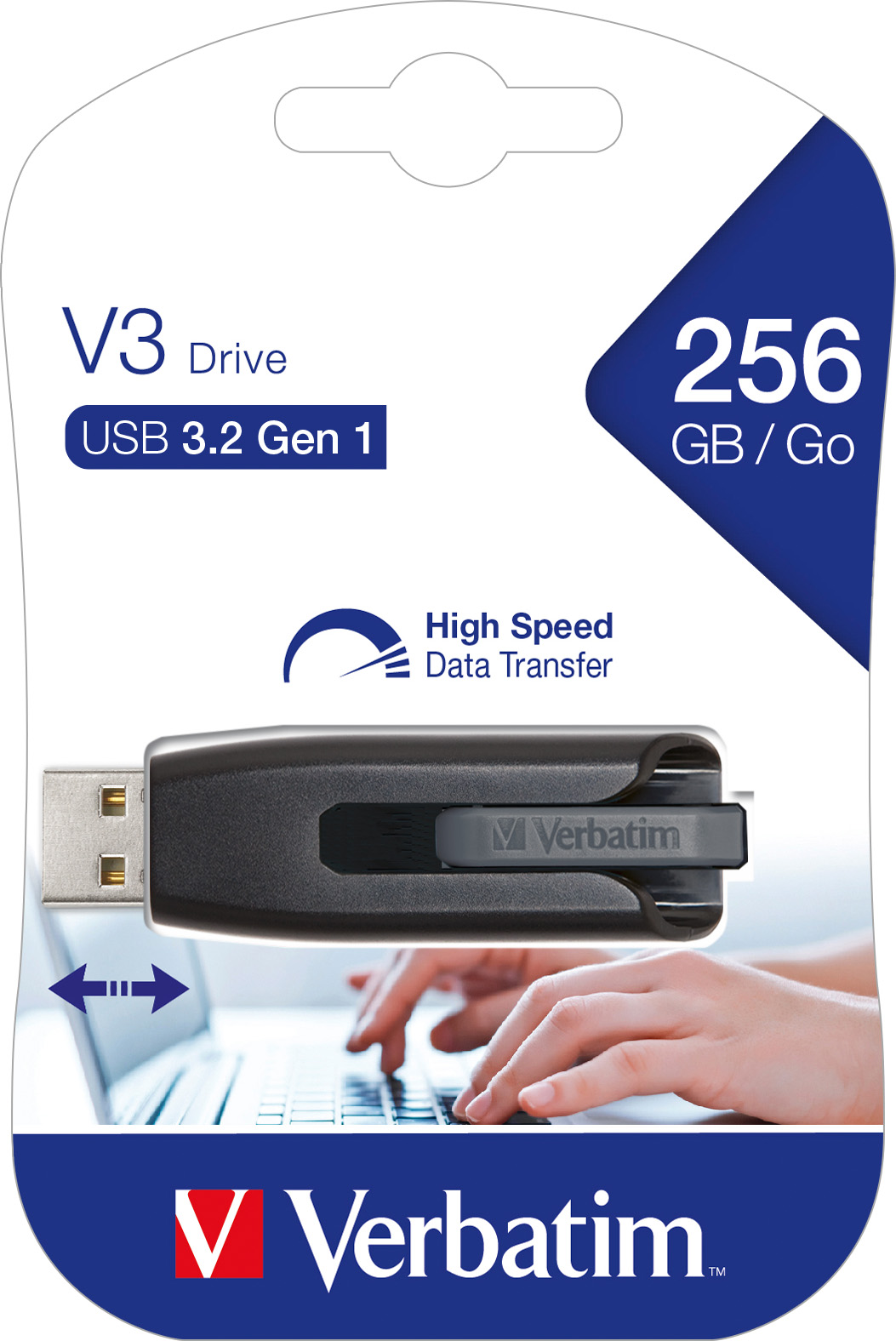 Verbatim USB 3.2 Stick 256GB, V3 Drive, grau Typ-A, (R) 120MB/s, (W) 25MB/s, Retail-Blister