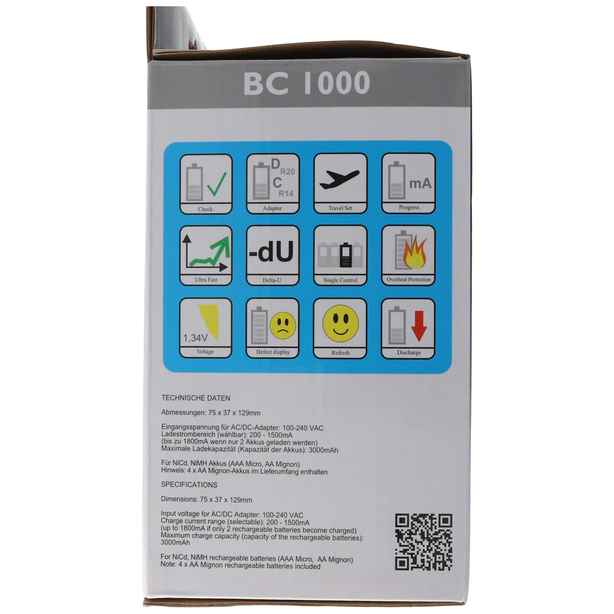 BC1000 Schnell-Ladegerät mit LCD-Display, Entladefunktion, Akku