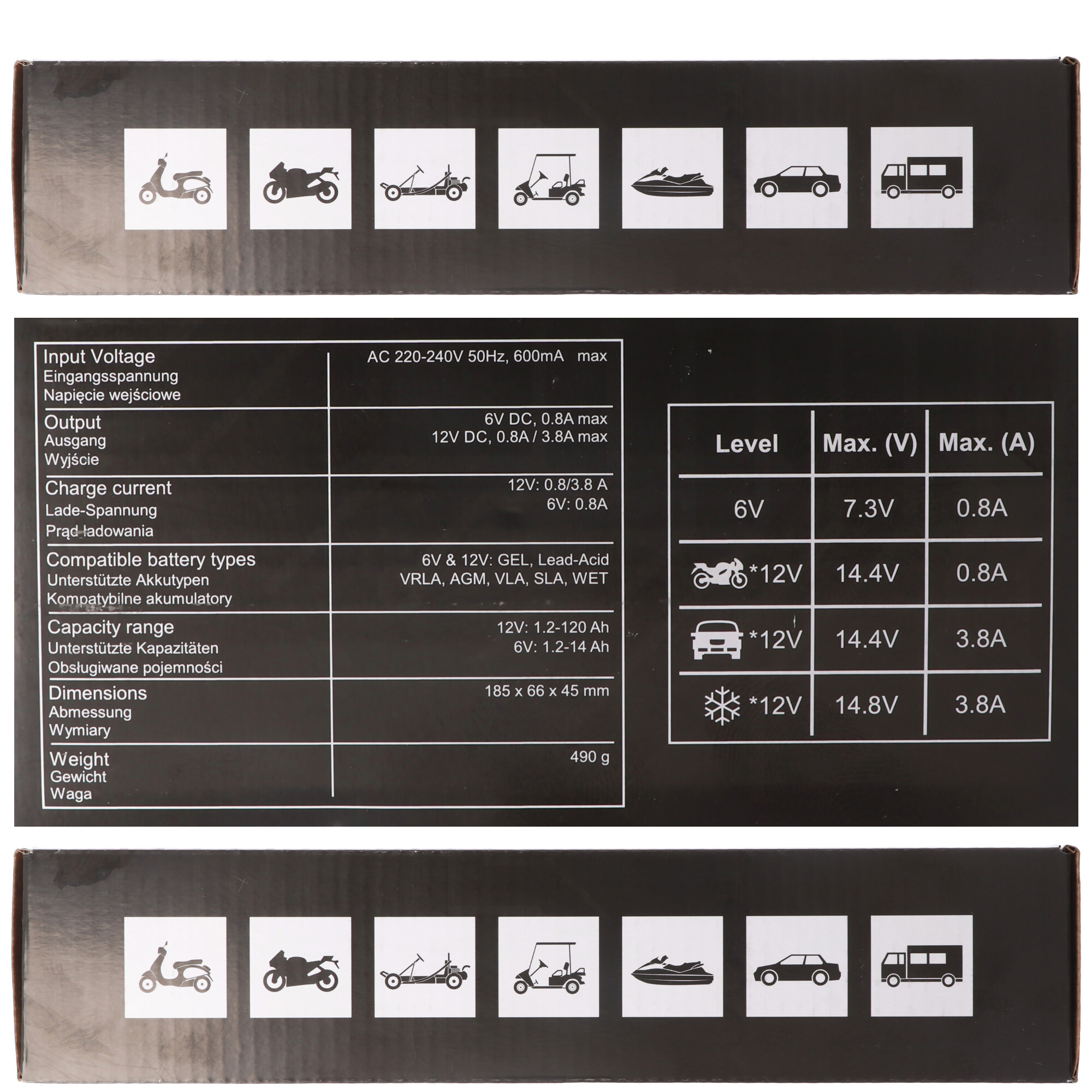 Schnell-Ladegerät mit LCD-Display für 6 Volt und 12 Volt für Auto-, Motorrad-, Bleisäure-, PB, Gel, AGM Akku