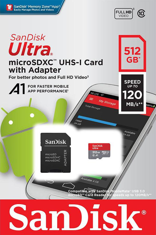 Sandisk microSDXC Card 512GB, Ultra, Class 10, U1, A1 (R) 120MB/s, SD Adapter, Retail-Blister