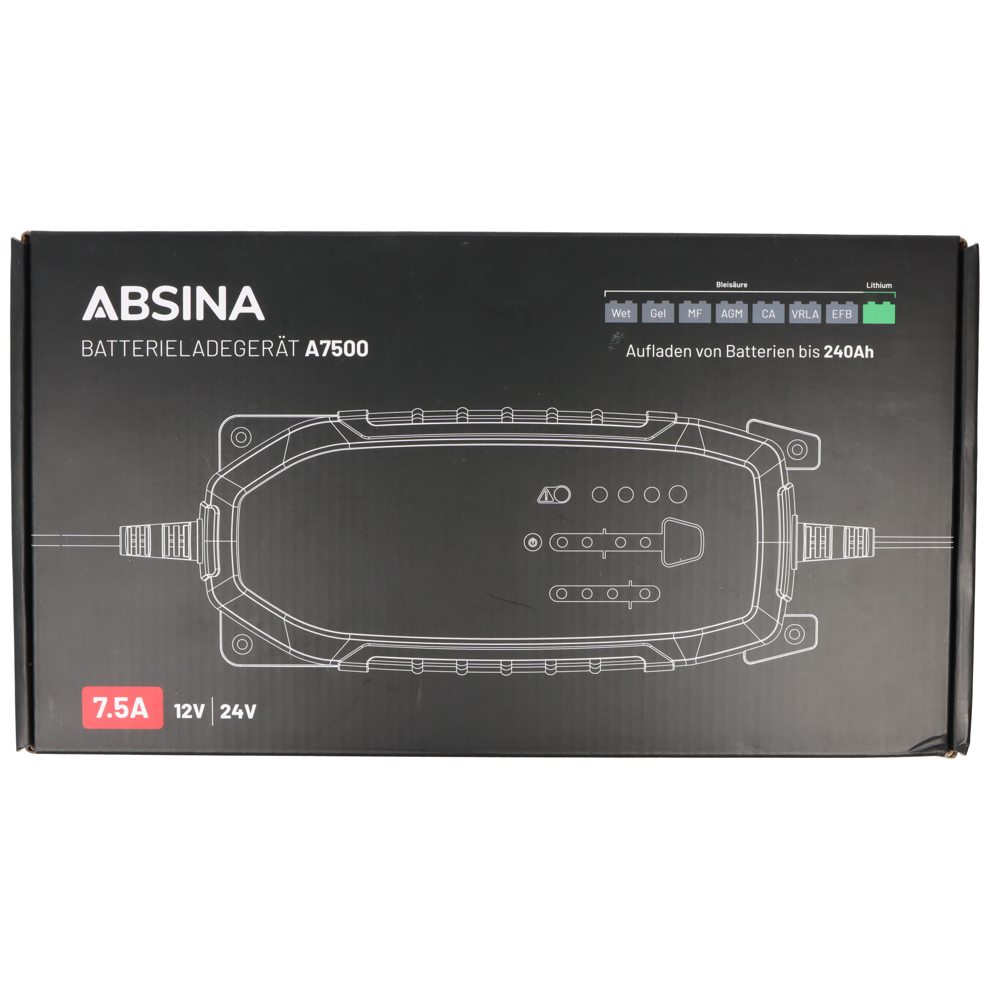 Absina Ladegerät A7500, Ladegerät für 12-24V Blei- und LiFePO4 Akkus, max. Ladestrom 7,5A, ideal für Auto, Motorrad, Wohnmobil