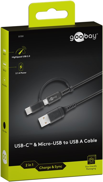 Lade- und Synchronisationskabel Kombikabel, Kabel mit Micro-B und USB-C Stecker, 2in1 Ladekabel, 1m, schwarz