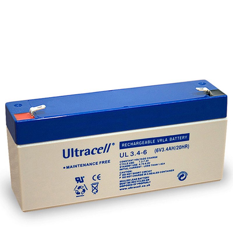 Ultracell UL 3.4-6 Blei Akku mit Faston 4,8mm Kontakten, Abmessungen 134x34x62mm