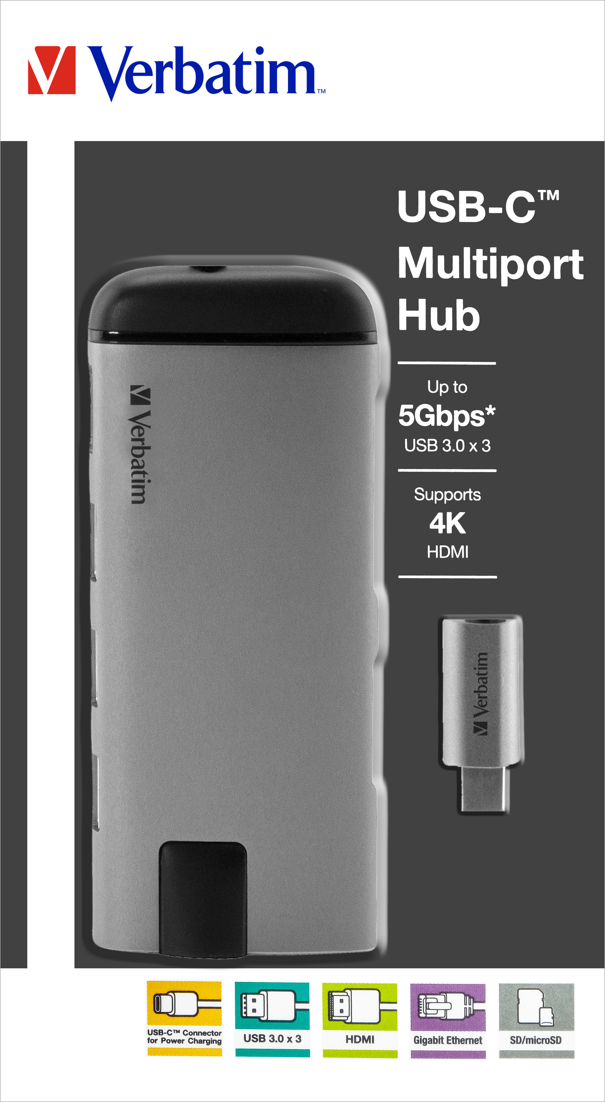 Verbatim Hub, USB 3.1-C, Multiport 3x USB 3.0, HDMI 4K, RJ45 Gigabit, SD/micSD, Power Charge, USB-C Kabel, 15cm, Retail
