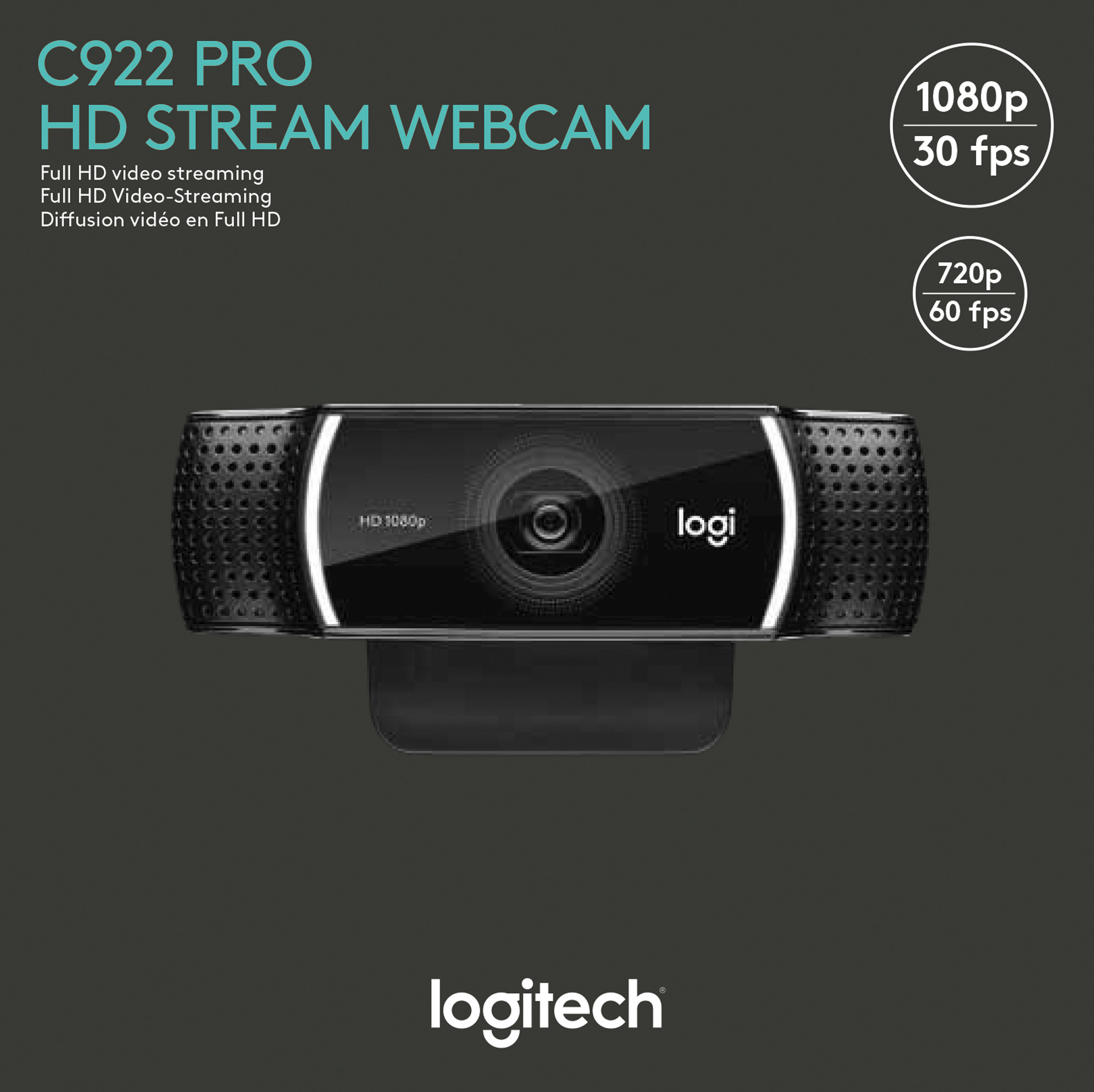 Logitech Webcam C922 Pro Stream, Full HD 1080p, schwarz 1920x1080, 30 FPS, USB, Retail