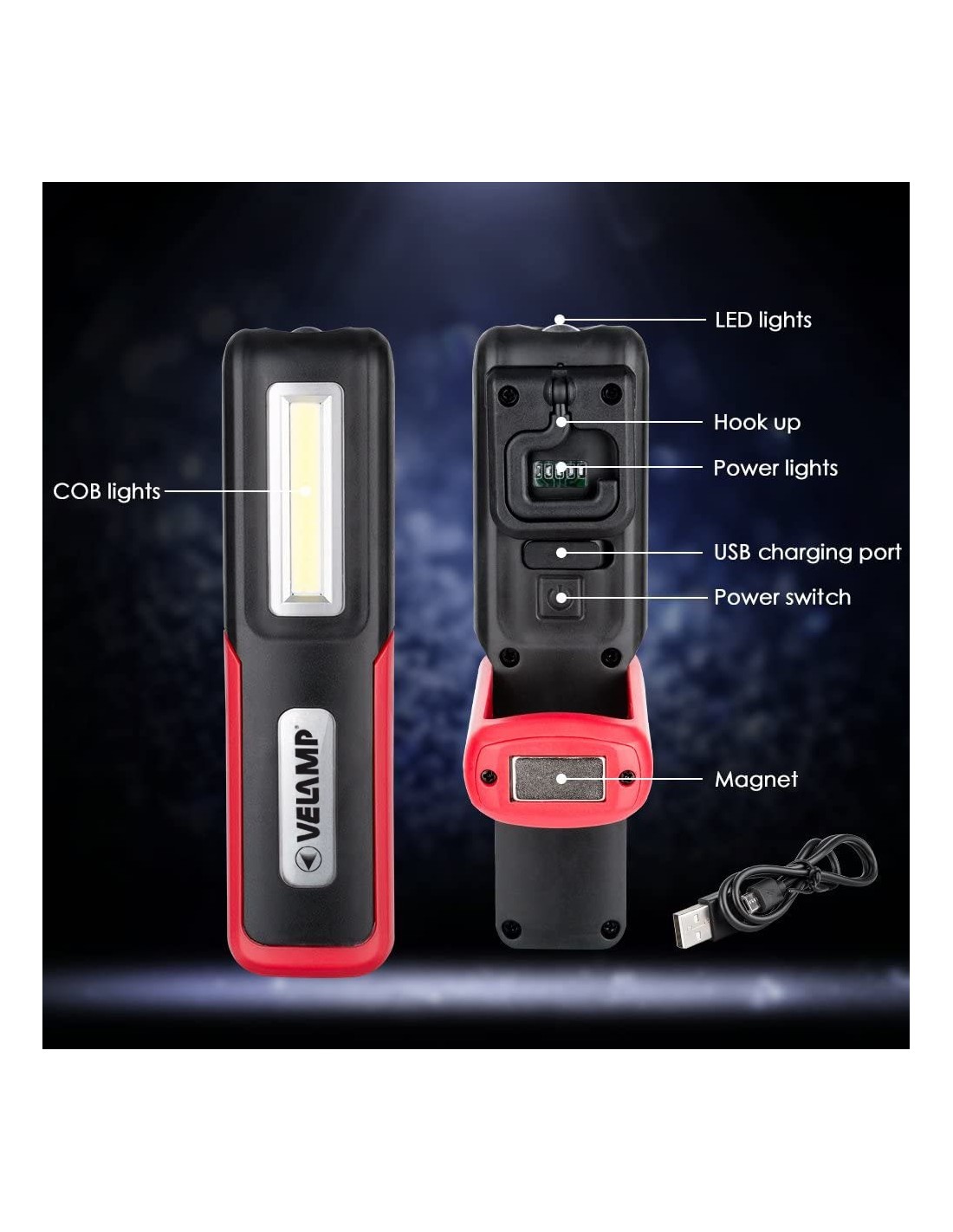 Multifunktionale LED-Arbeitsleuchte, wiederaufladbar per USB, 2in1 Arbeitsleuchte, Panelleuchte und Taschenlampe, mit Magnet und Haken