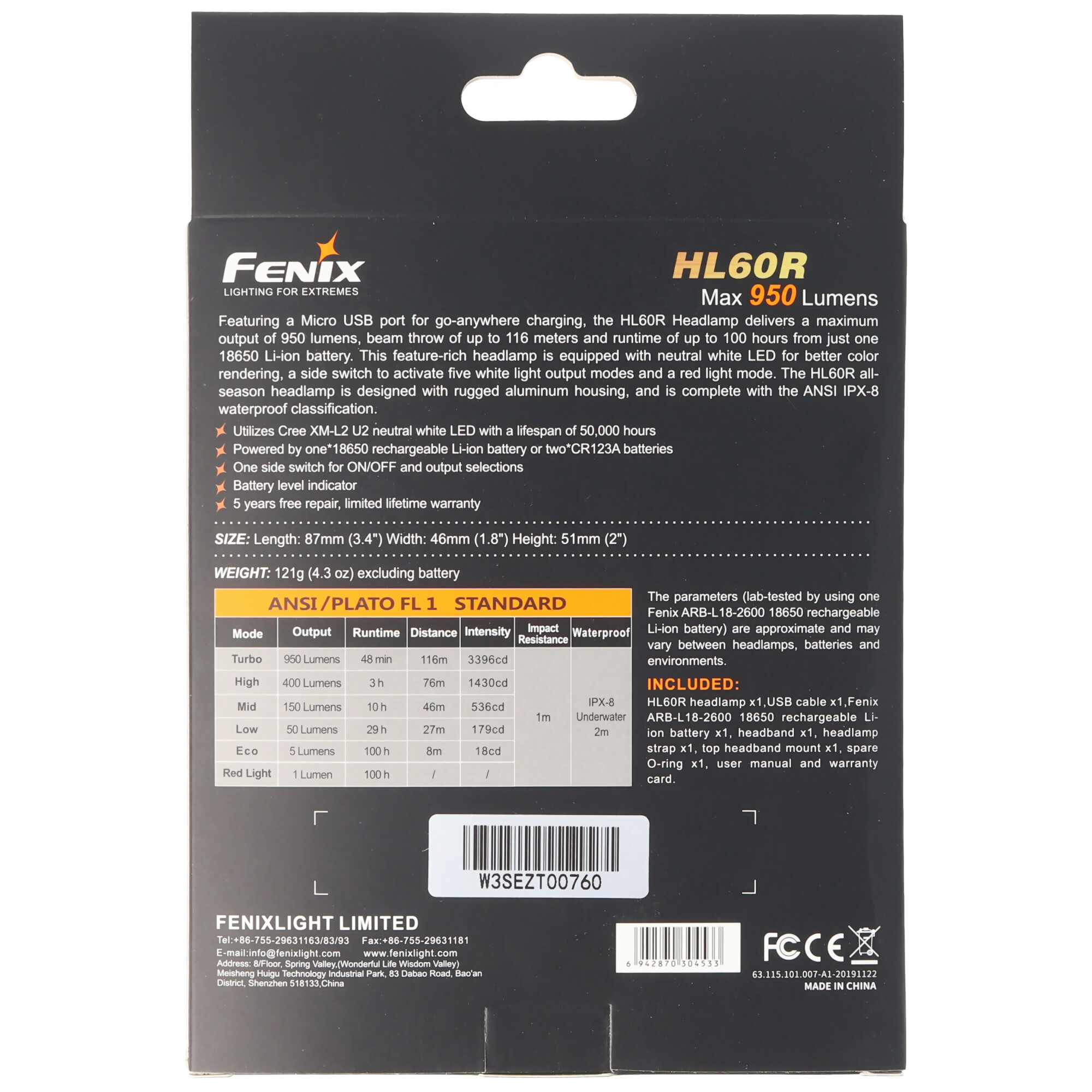 Fenix HL60R LED Stirnlampe mit max. 950 Lumen, weiß oder rot, wiederaufladbar mit USB Anschluss