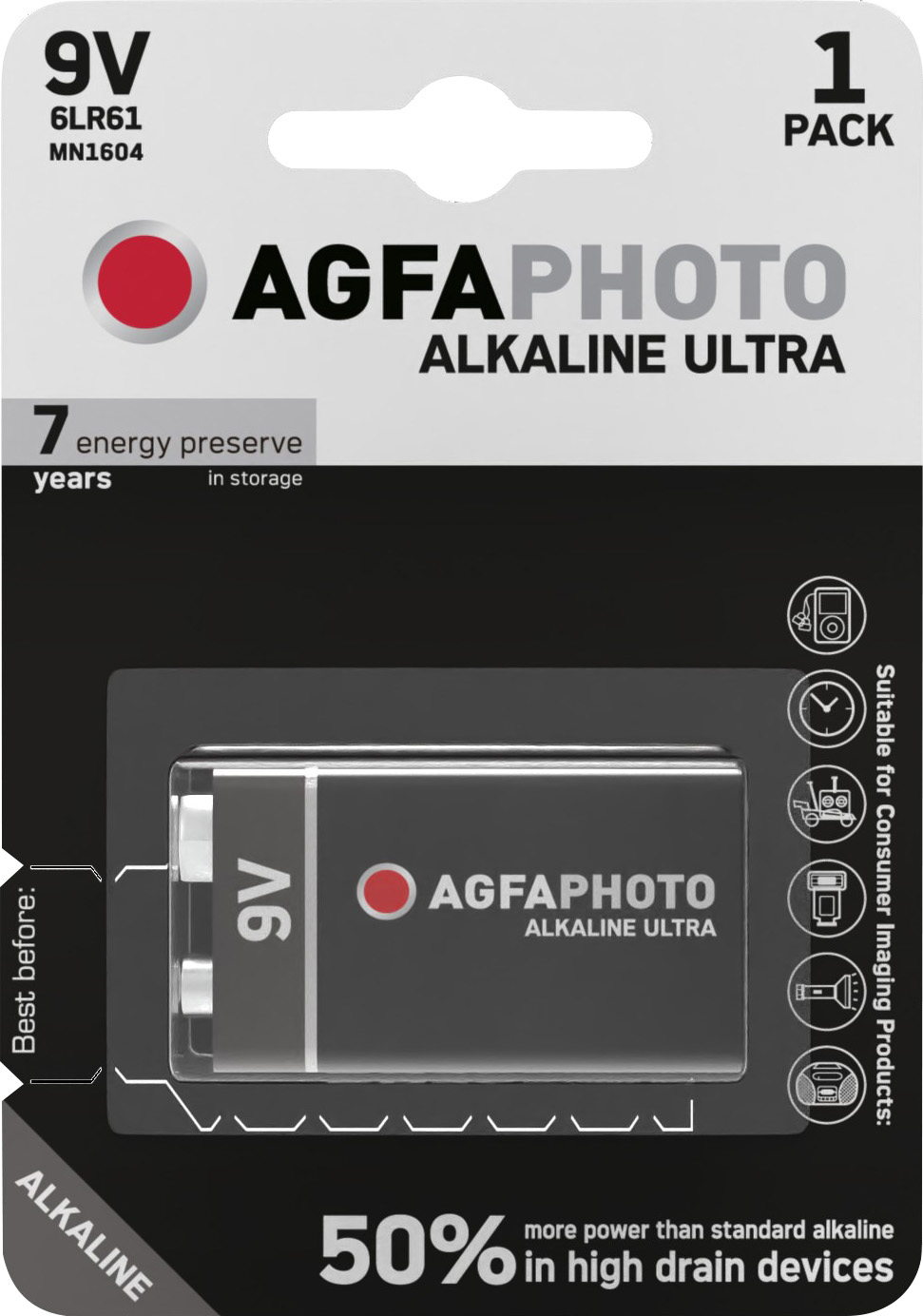 Agfaphoto Batterie Alkaline, E-Block, 6LR61, 9V Ultra, Retail Blister (1-Pack)