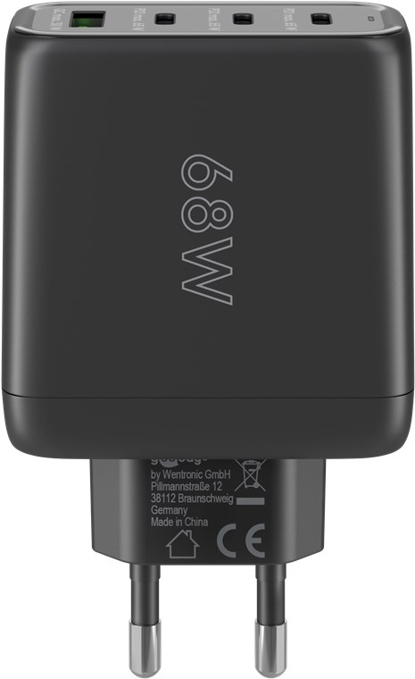 Goobay USB-C™ PD Multiport-Schnellladegerät (68 W) schwarz - 3x USB-C™-Anschlüsse (Power Delivery) und 1x USB-A-Anschluss (Quick Charge) - schwarz