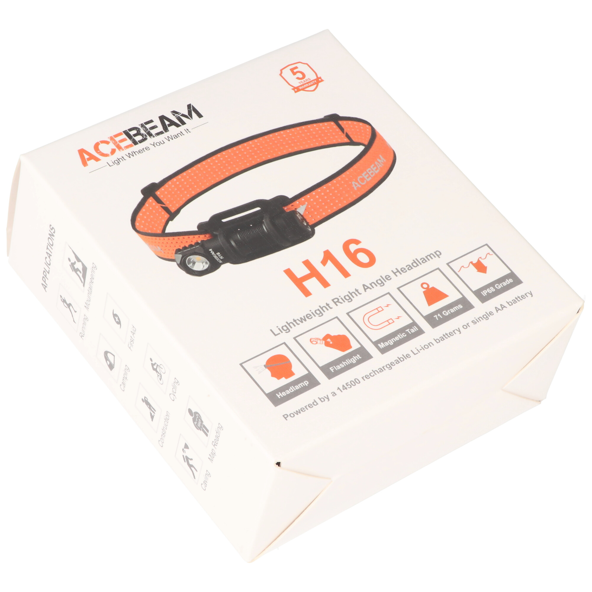 AceBeam H16 LED Stirnlampe mit max. 1.000 Lumen, 6.500K kaltweiß mit grauem Gehäuse, reflektierendes Kopfband, inklusive 14500 Li-Ion Akku