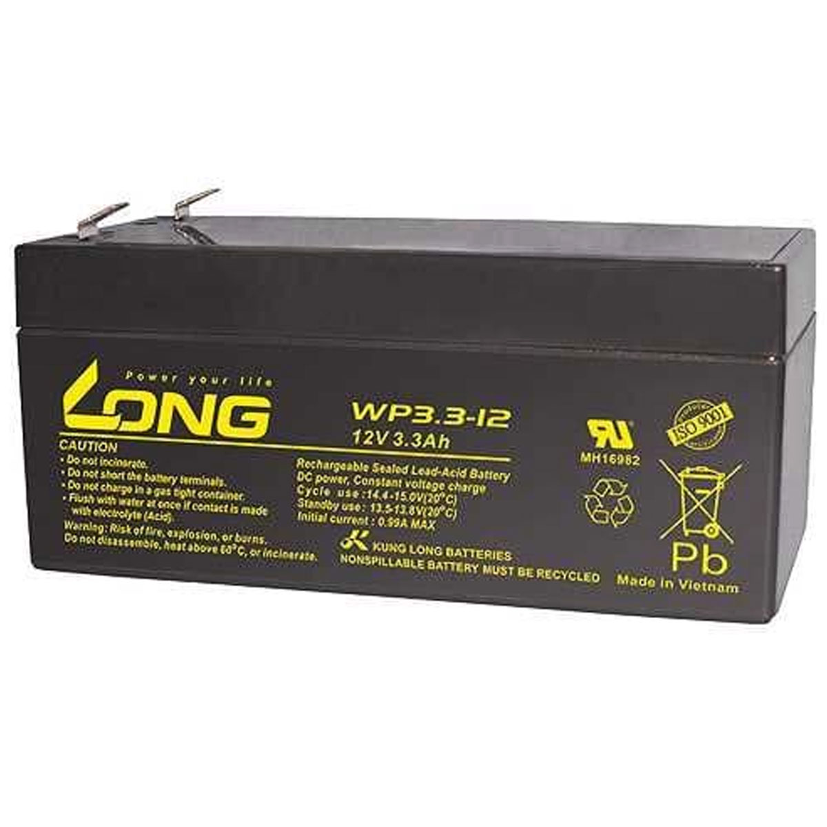 WP3.3-12 Kung Long Blei Akku mit 12 Volt und 3300mAh Kapazität, Faston 4,8mm Kontakte