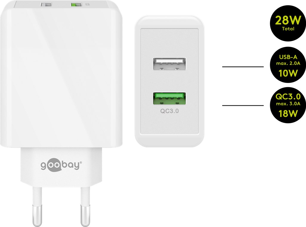 Goobay Dual-USB Schnellladegerät QC3.0 28W weiß - lädt bis zu 4x schneller als Standardladegeräte