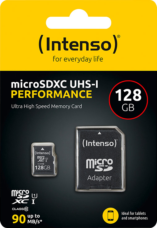 Intenso microSDXC Card 128GB, Performance, Class 10, U1 (R) 90MB/s, (W) 10MB/s, SD-Adapter, Retail-Blister