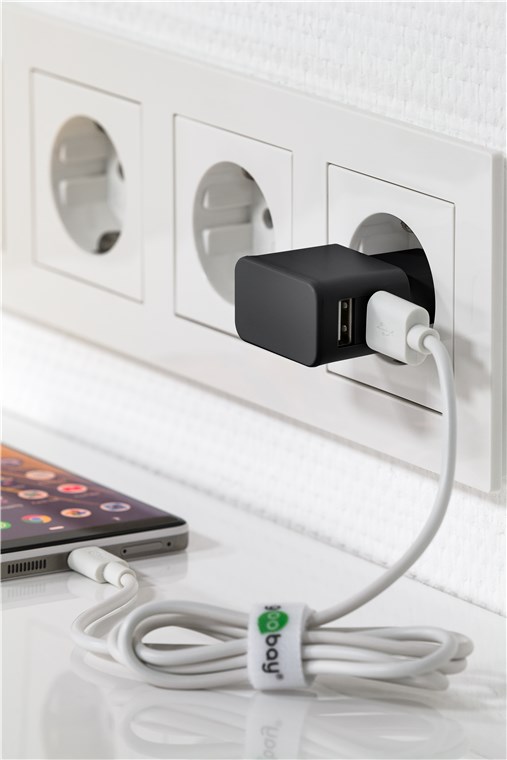 Goobay USB-C™ Dual Ladeset 2,4 A - Netzteil mit 2x USB-Buchse und USB Type-C™ 1m Kabel (Schwarz)