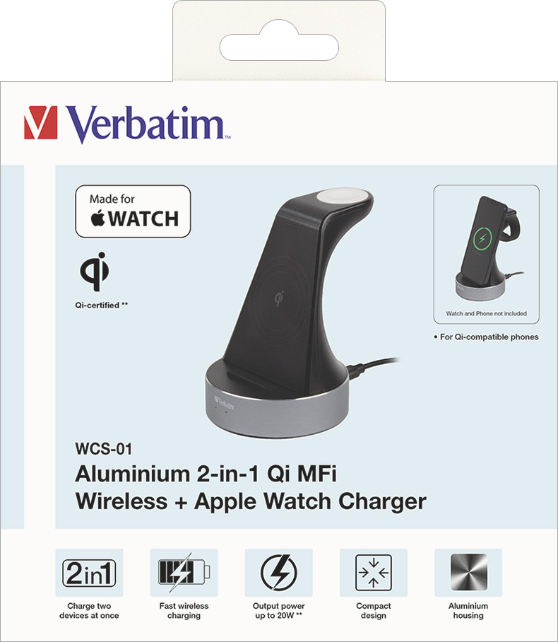 Verbatim Wireless Charger, 2-in-1, Qi, MFi, WCS-01, schwarz 1x Smartphone, 1x Smartwatch, Retail