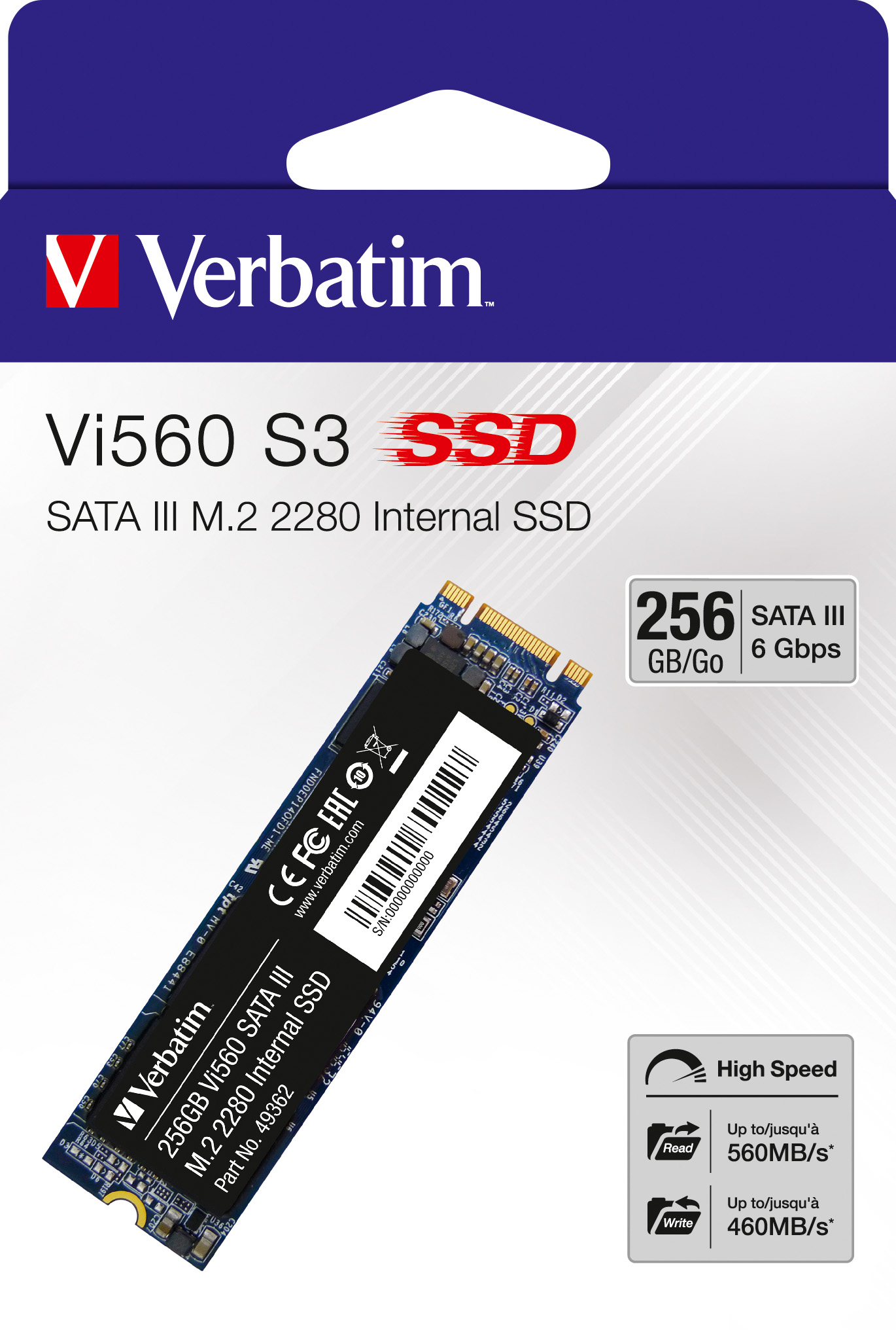 Verbatim SSD 256GB, SATA-III, M.2 2280 Vi560 S3, (R) 560MB/s, (W) 460MB/s, Retail