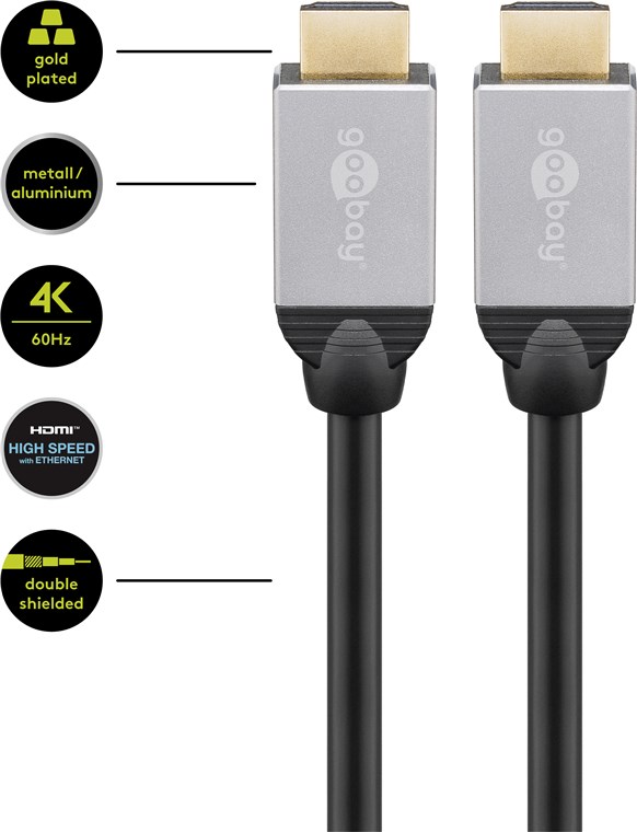 High-Speed HDMI-Kabel mit Ethernet, HDMI-Stecker Typ A auf HDMI-Stecker Typ A, vergoldete Kontaktflächen und optimierter Knickschutz