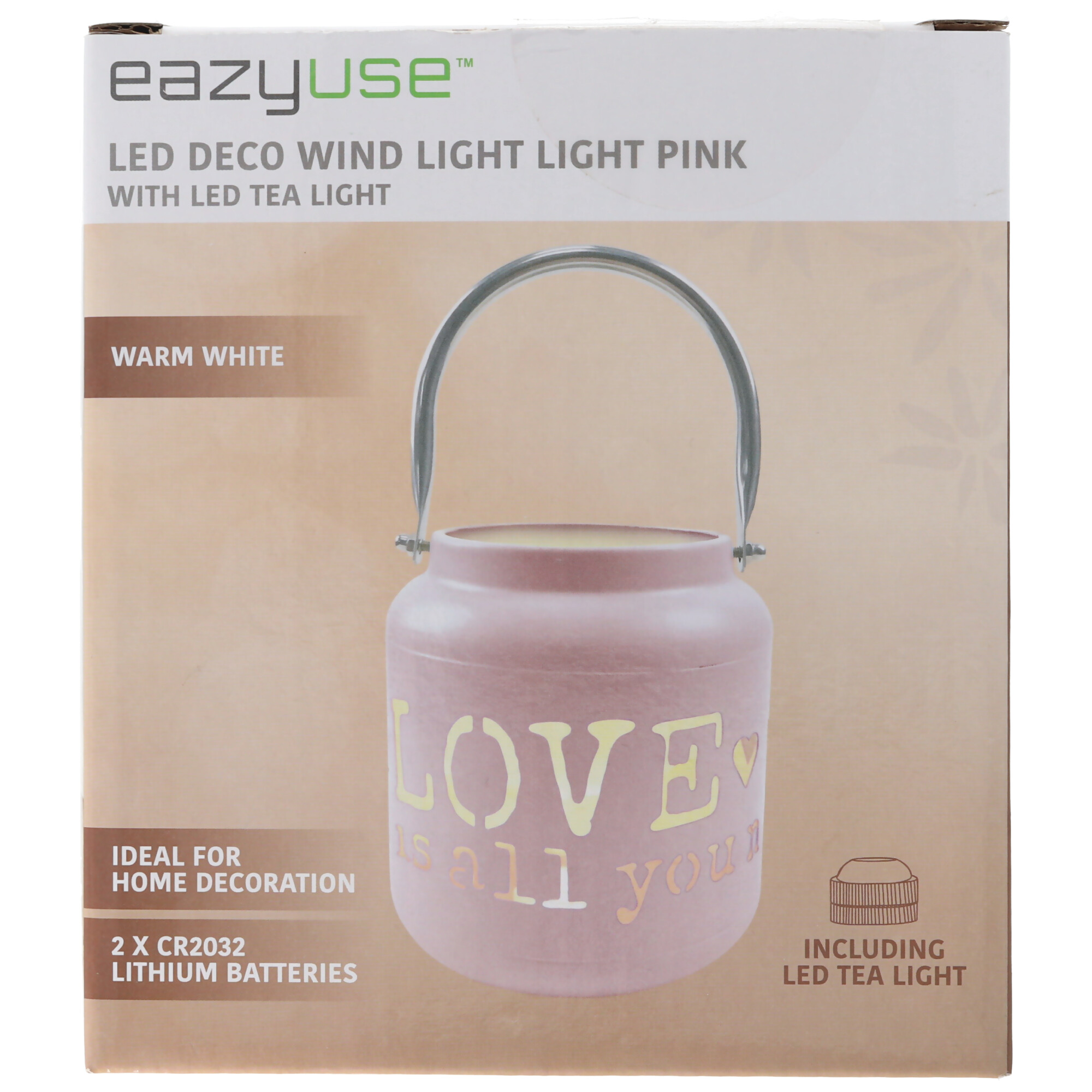 LED Windlicht mit dem Schriftzug Love is all you need hellrosa, die LED-Laterne, der runde Kerzenhalter, mit 2 Batterien