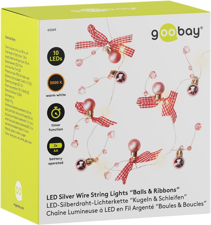 Goobay 10er LED-Silberdraht-Lichterkette "Kugeln & Schleifen" - mit Timer-Funktion, warmweiß (3000 K), batteriebetrieben