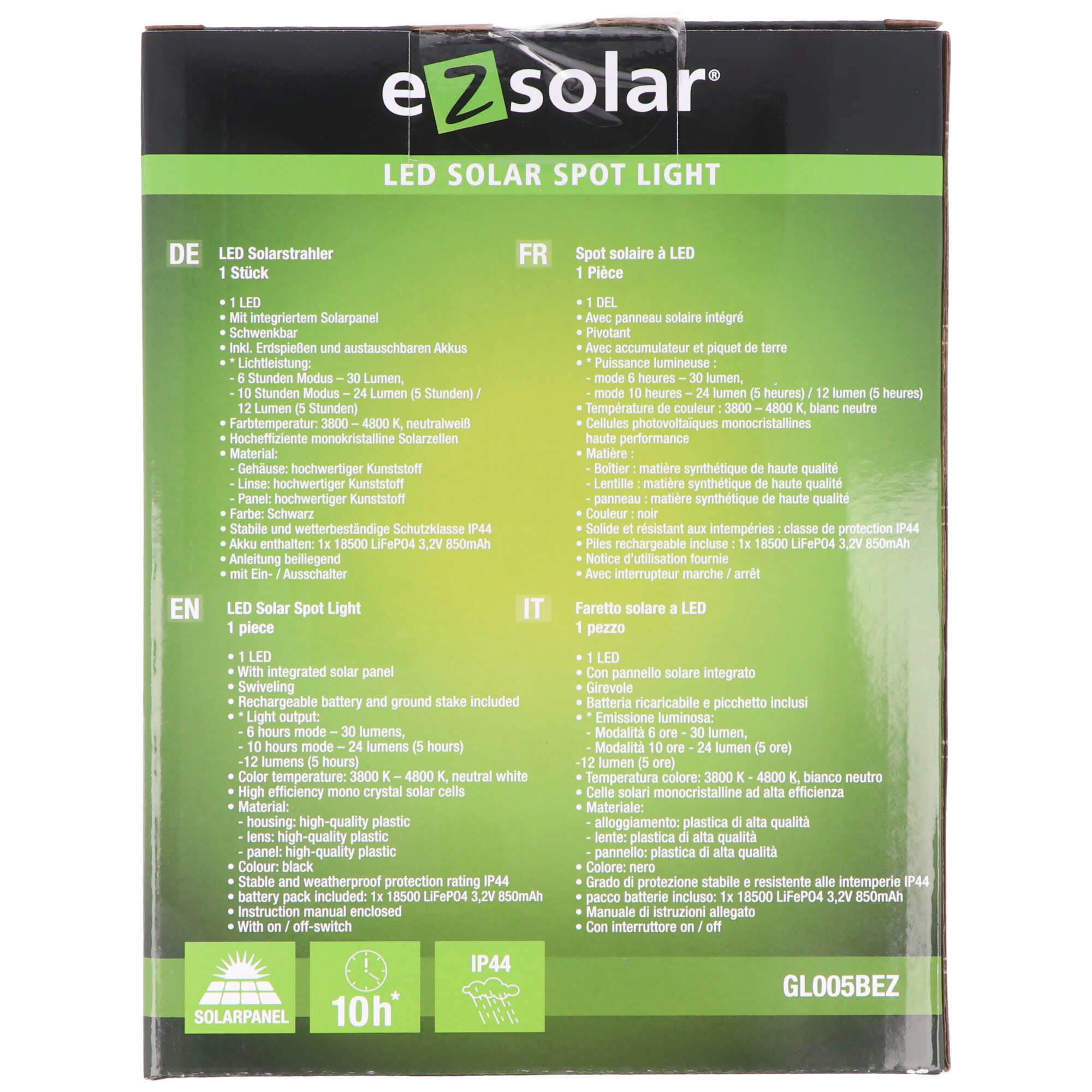 Solar LED Spot mit Solar-Panel und inklusive 18500 LiFEPO4 Akku 3,2V 850mAh