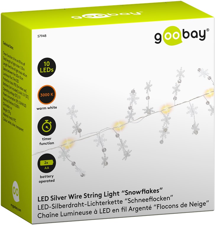 Goobay 10er LED-Silberdraht-Lichterkette "Schneeflocken" - mit Timer-Funktion, warm-weiß (3000 K), batteriebetrieben