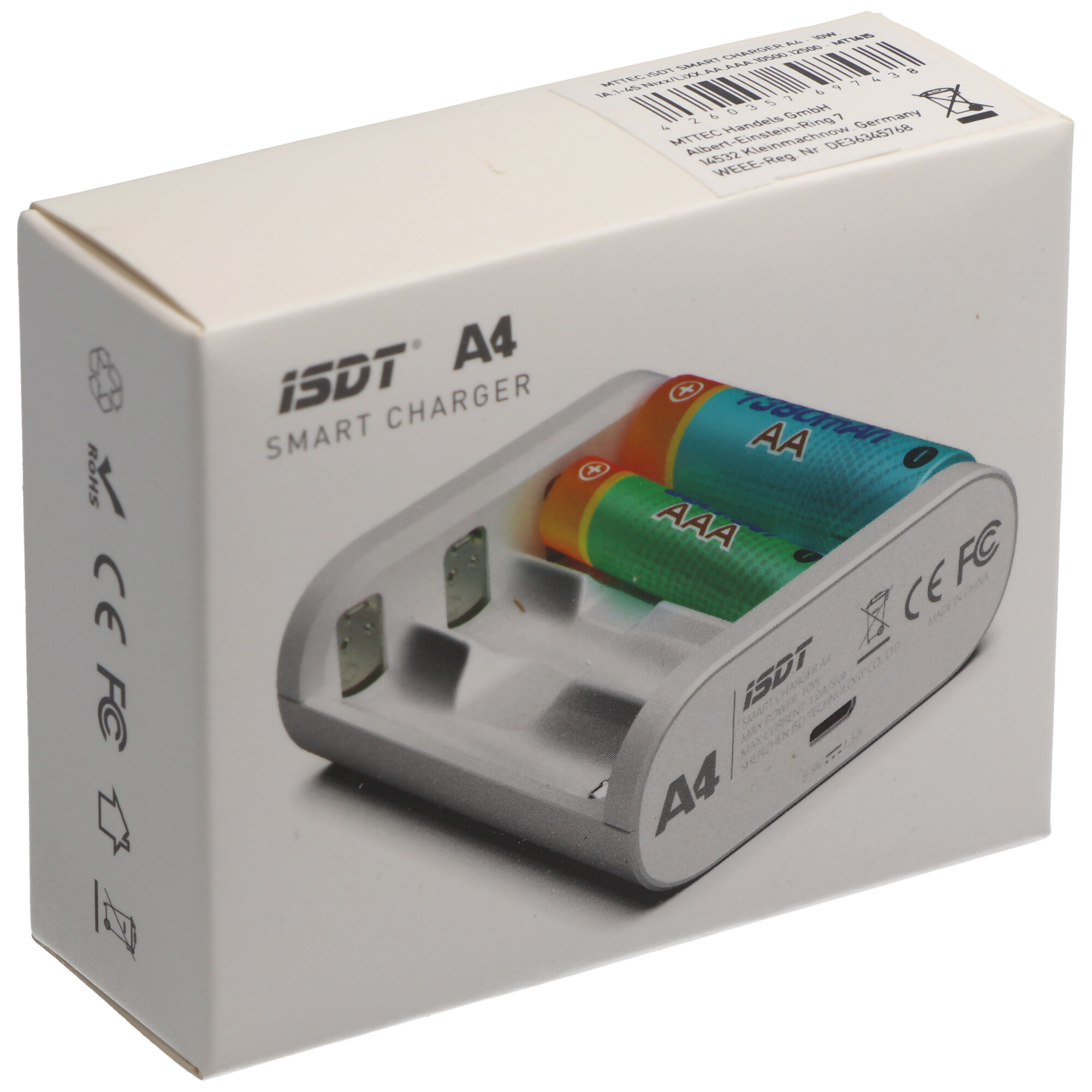 USB Schnell-Ladegerät Smart Charger A4, leicht zu bedienen, geeignet für AA Micro, AAA Mignon, 12500, LR03, LR06