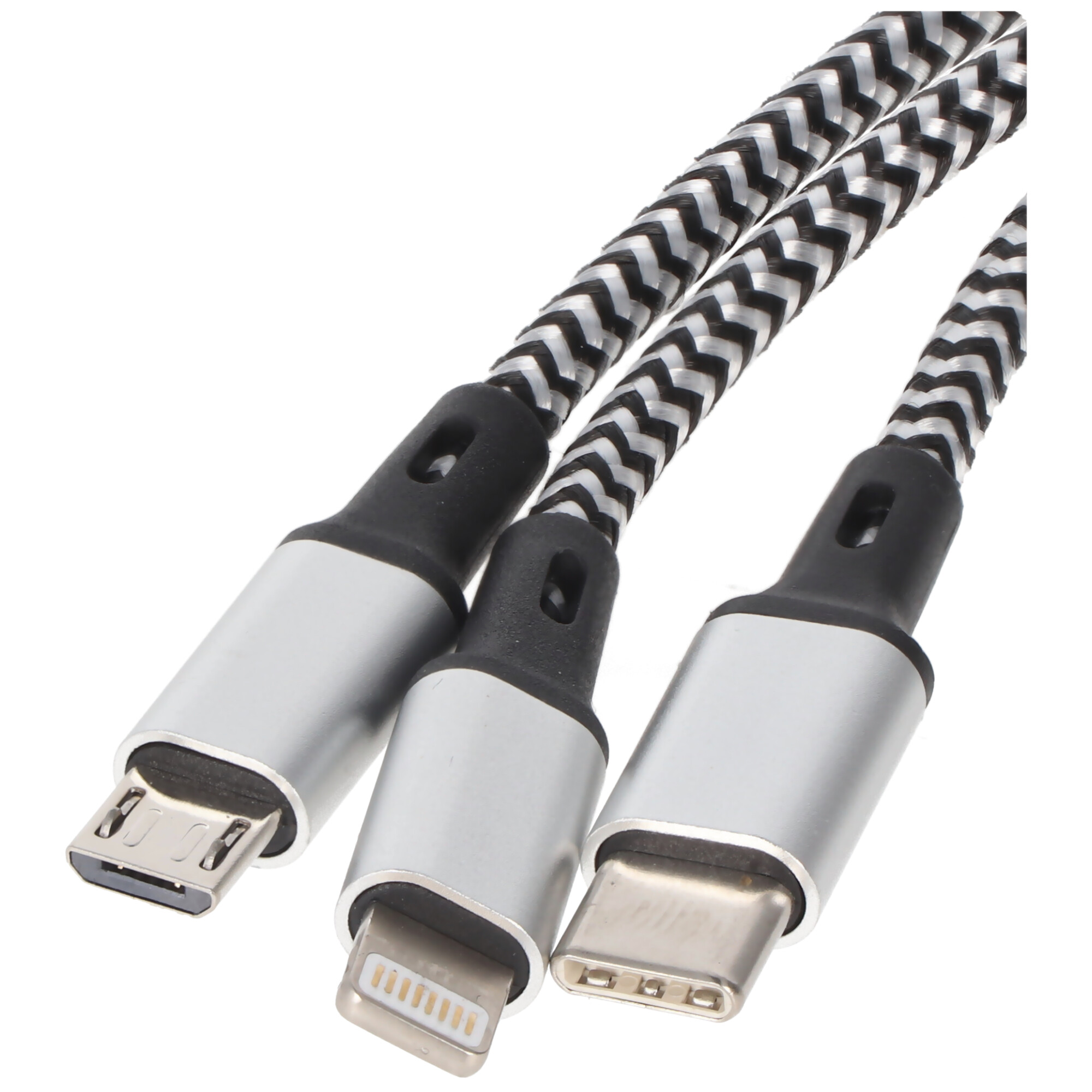 Universal Ladekabel 3in1 für Apple, USB-C, Micro-USB robust mit TPE-Ummantelung, Aluminium-Steckern