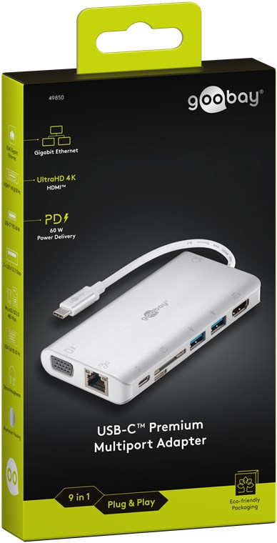 Goobay USB-C™ Premium Multiport-Adapter - USB-C™  HDMI™+ 2x USB 3.0 + CR + C + RJ45 + VGA