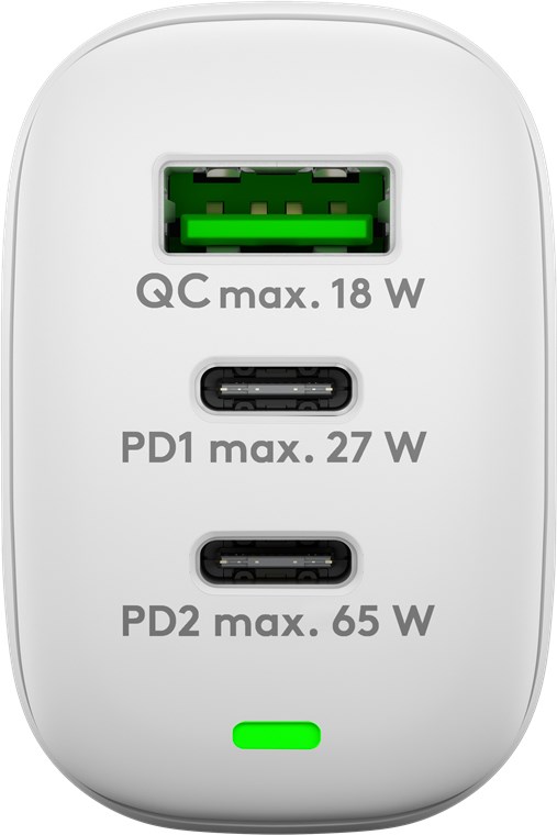 Goobay USB-C™ PD 3-fach Multiport-Schnellladegerät (65 W) weiß - 2x USB-C™-Anschlüsse (Power Delivery) und 1x USB-A-Anschluss (Quick Charge) - weiß