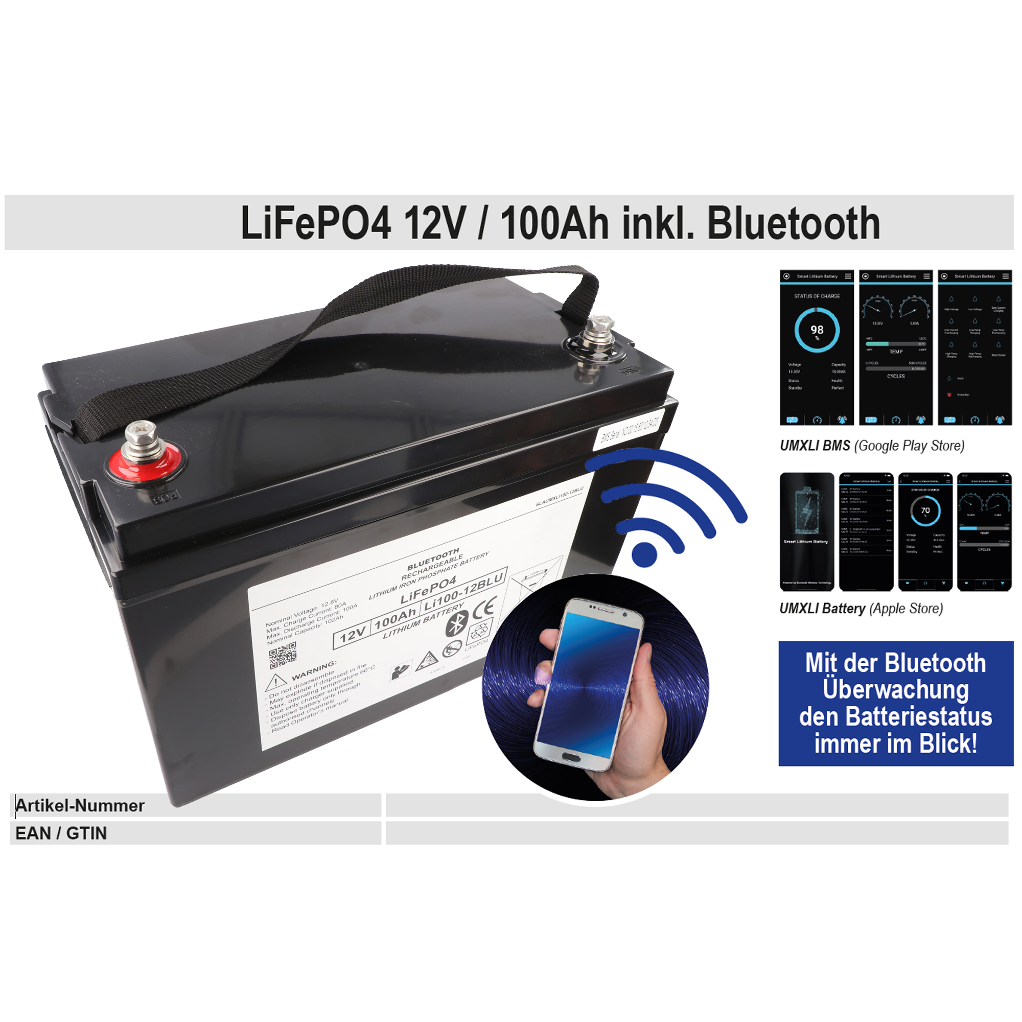 LiFePO4 Akku 12V mit Kapazität 100Ah Pro Ultimate inklusive Bluetooth, der hochwertige Blei Akku AGM Ersatz