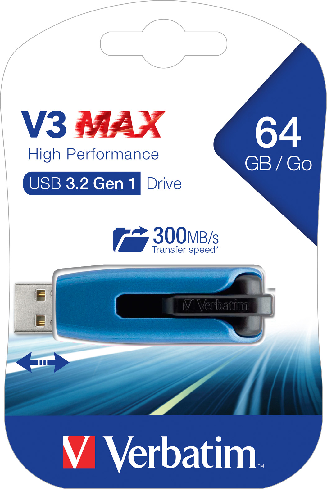Verbatim USB 3.2 Stick 64GB, V3 MAX, blau-schwarz Typ-A, (R) 300MB/s, (W) 70MB/s, Retail-Blister