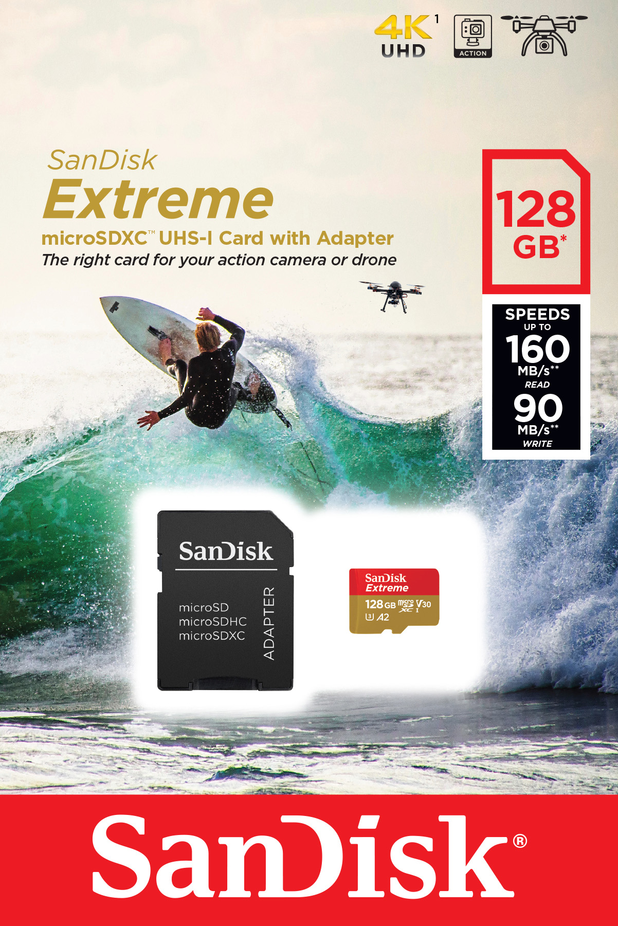 Sandisk microSDXC Card 128GB, Extreme, U3, A2, 4K UHD (R) 160MB/s, (W) 90MB/s, SD Adapter, Retail-Blister