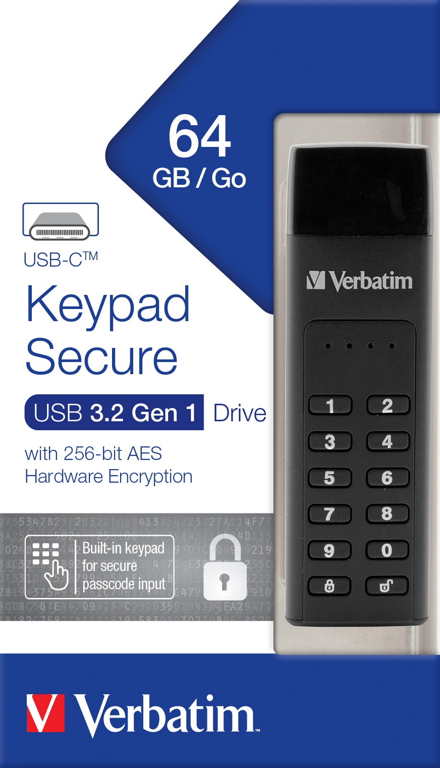 Verbatim USB 3.2 Stick 64GB, Secure, Keypad, AES-256-Bit Typ-C, (R) 160MB/s, (W) 140MB/s, Retail