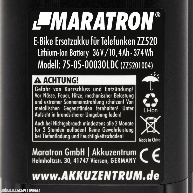E-Bike Akku Maratron Ersatz-Akku  ZZ520 36V 10,4Ah (374Wh) mit DC Ladebuchse für TELEFUNKEN Multitalent, ZÜNDAPP Z510, Z517, Green 2.7, Green 3.7 - LÄNGE 39,5cm - Sattelrohr