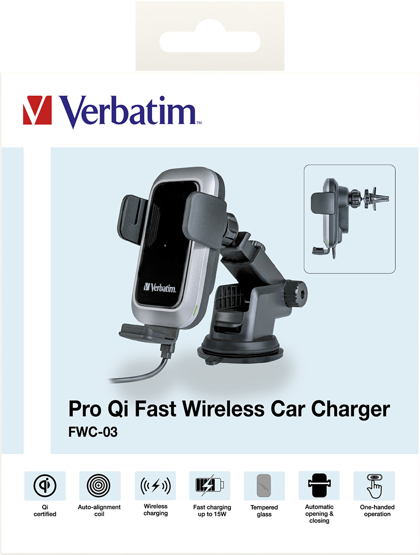 Verbatim Fast Wireless Charger, KFZ, Qi, 9V/12V, FWC-03 Kabel USB Typ-A-C, 1m, schwarz, Retail