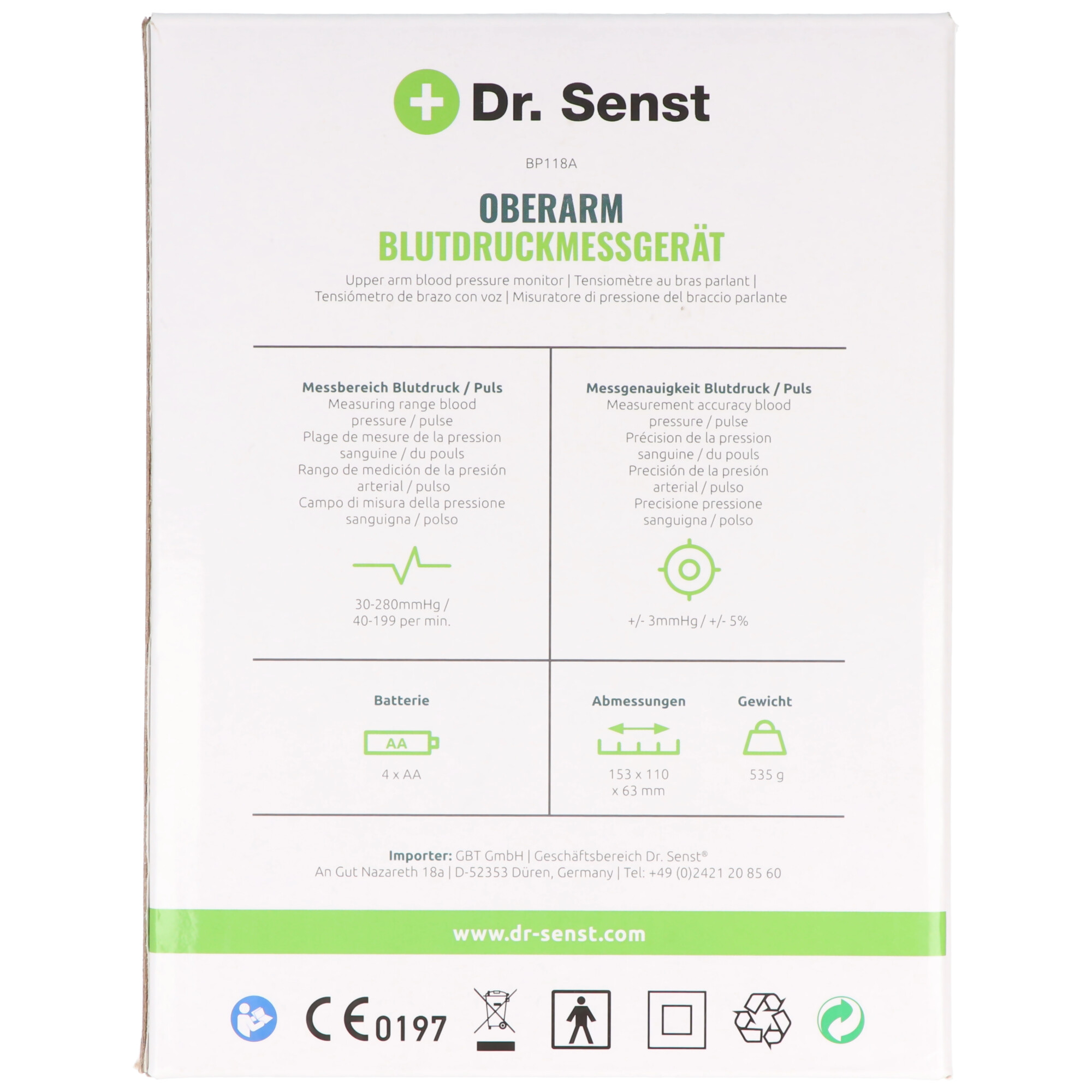 Dr. Senst® Oberarm-Blutdruckmessgerät BP118A mit Sprachausgabe