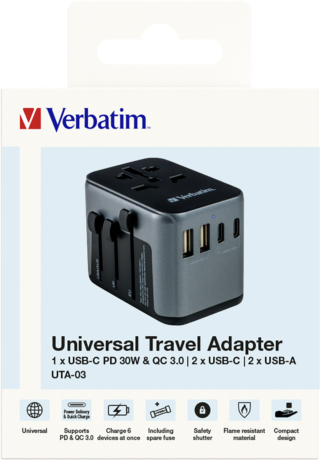 Verbatim Ladeadapter, Universal Travel, UTA-03, schwarz 100-250V, 2x USB Typ-A, 3x USB Typ-C, PD/QC, Retail