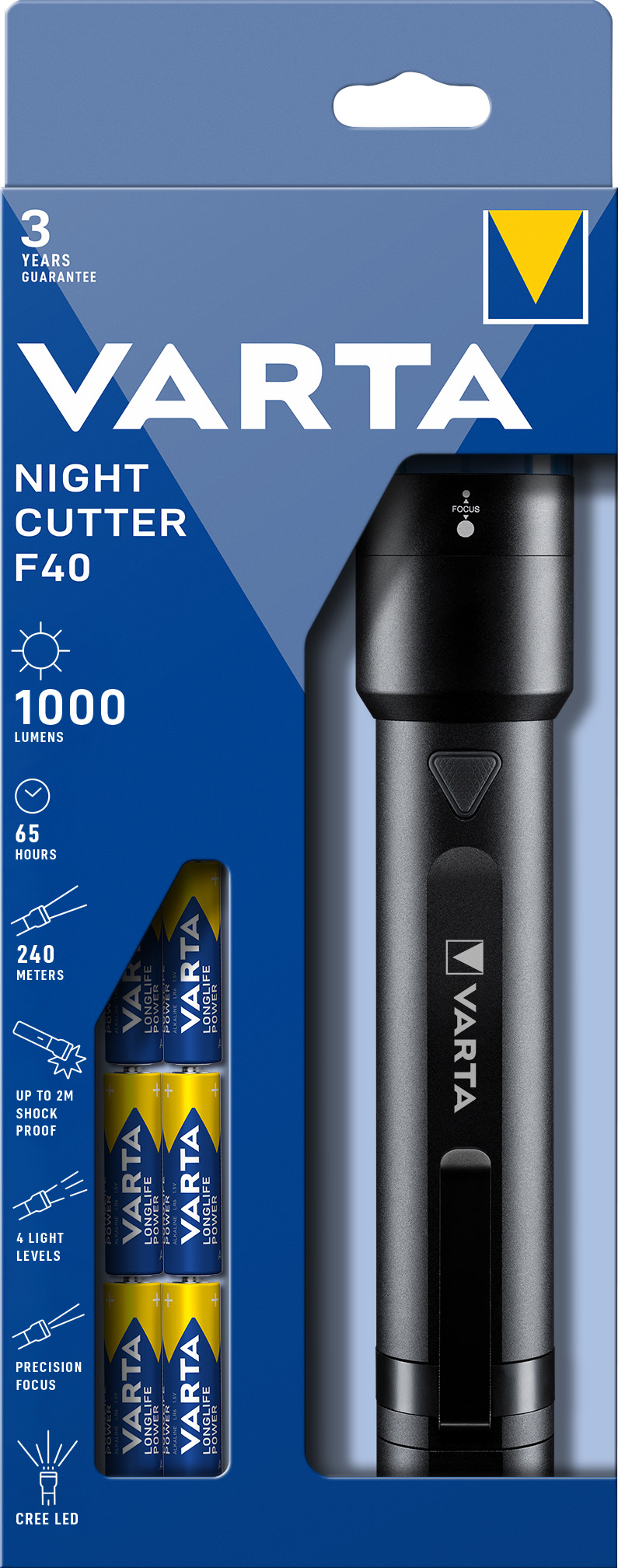 Varta LED Taschenlampe Night Cutter F40 1000lm, inkl. 6x Batterie Alkaline AA, Retail Blister