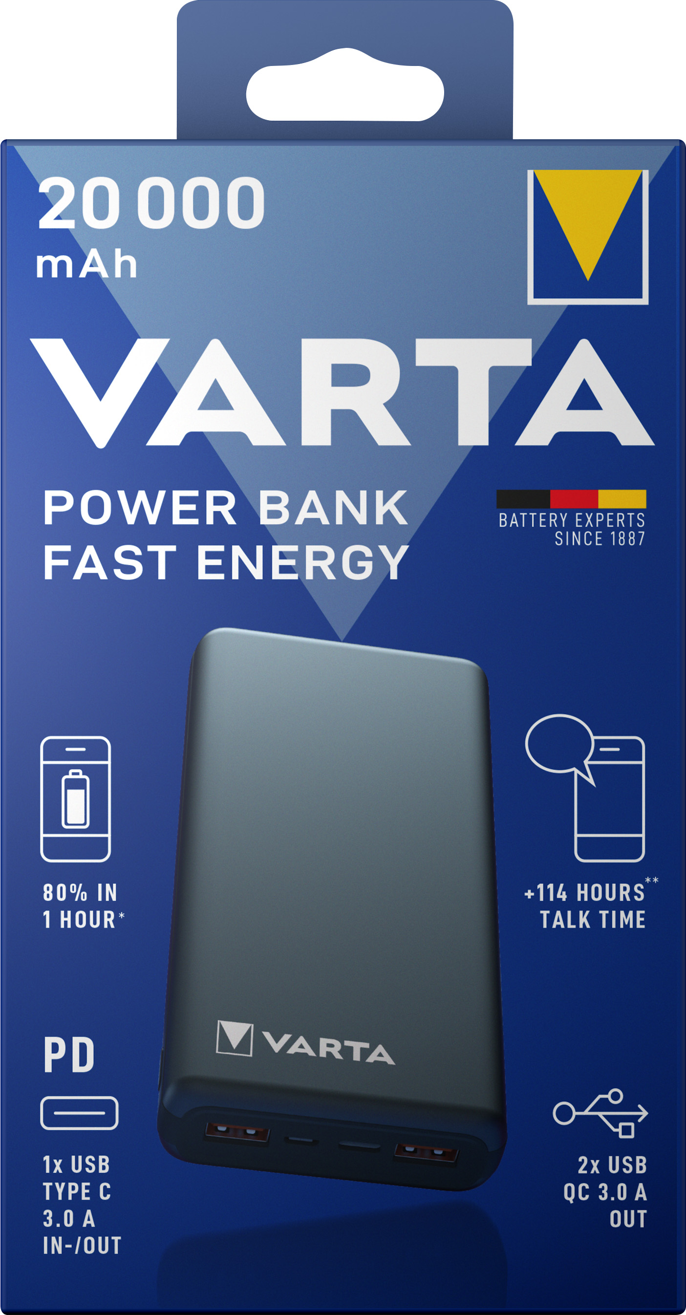 Varta Akku Powerbank, 5V/20.000mAh, Fast Energy, grau 2xUSB-A/Micro-B/-C, Quick Charge 3.0
