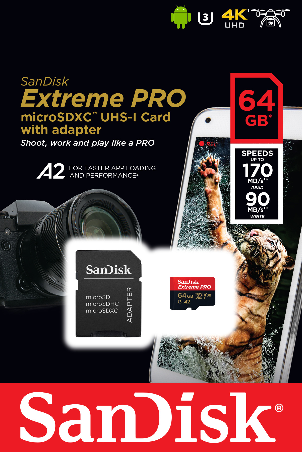 Sandisk microSDXC Card 64GB, Extreme PRO, U3, A2, 4K UHD (R) 170MB/s, (W) 90MB/s, SD Adapter, Retail-Blister