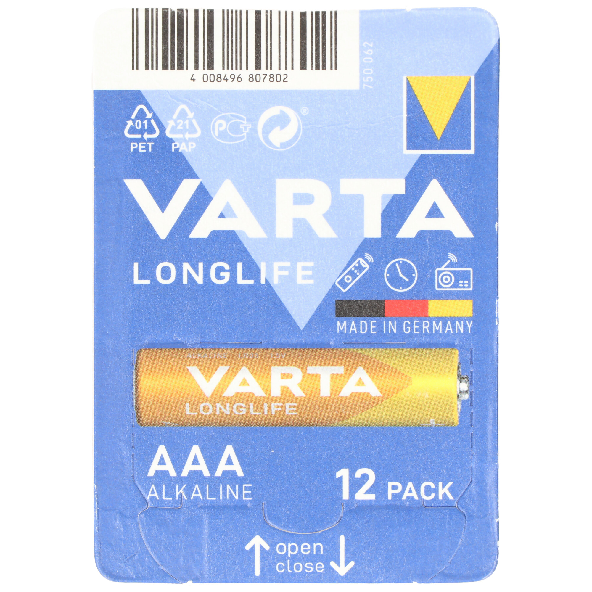 Varta Batterie Alkaline, Micro, AAA, LR03, 1.5V Longlife, Retail Box (12-Pack)